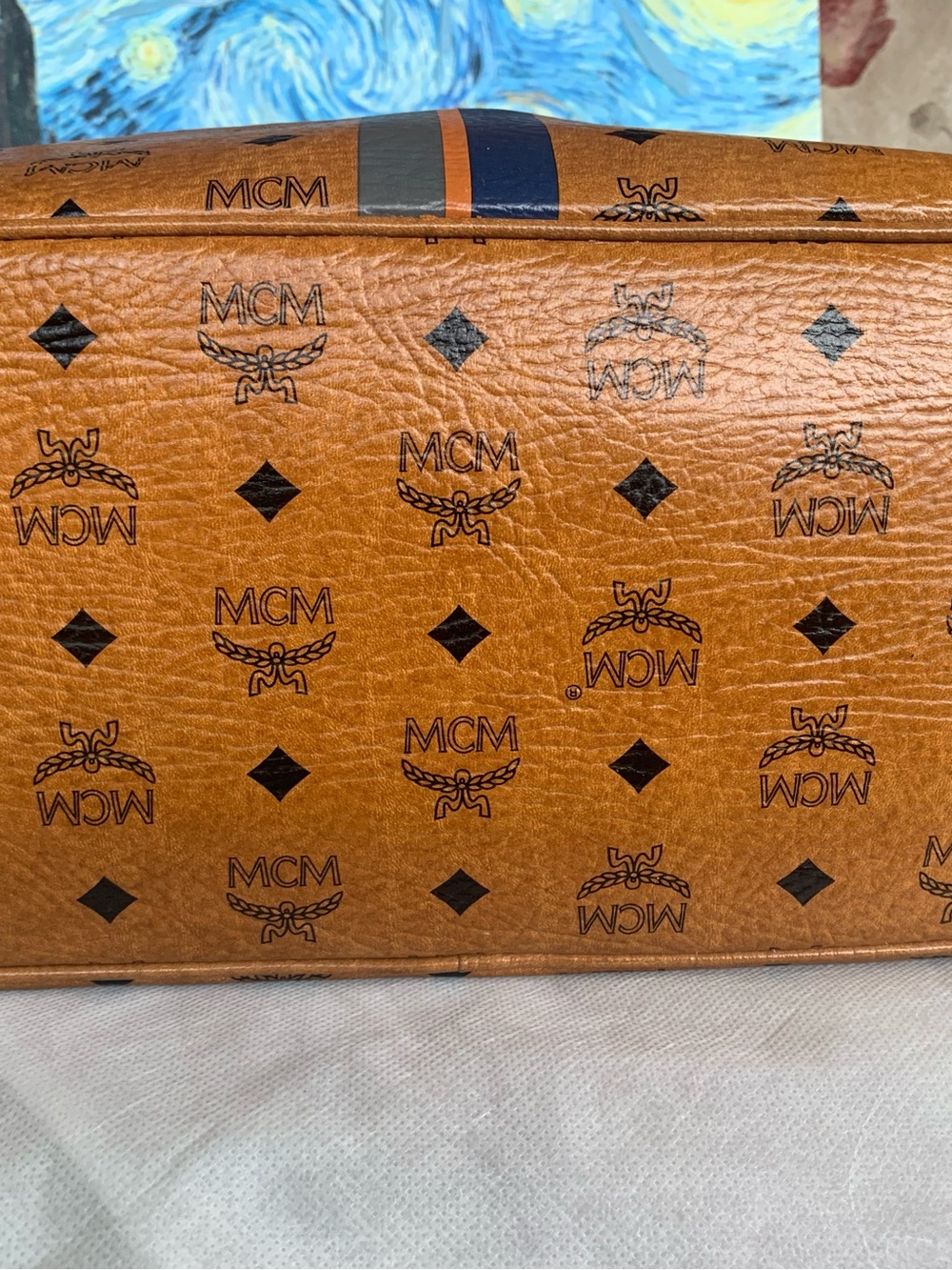 MCM Cognac Visetos Tote with Navy and Orange Center Stripe with Bone. EUC - Picture 6 of 16